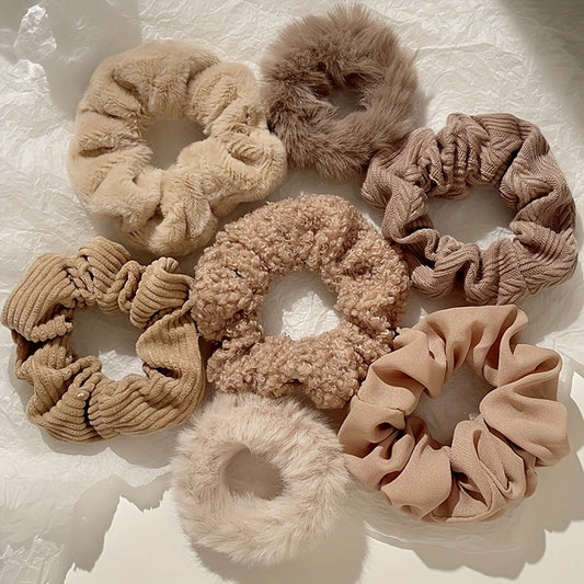 Women's Plush Hair Scrunchies in Coffee Tones 7pcs